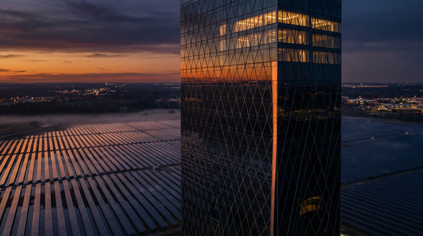 The Meridian, a tower of photovoltaic glass at dusk above a solar field